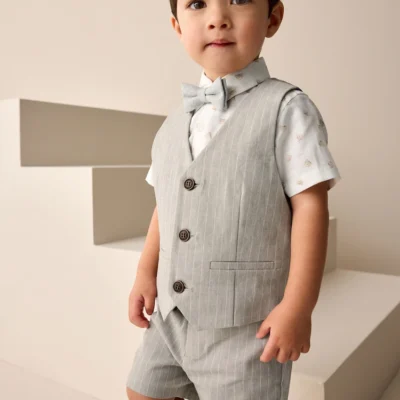 Neutral Bear Pinstripe Waistcoat/Shirt/Shorts & Bow Tie Set (3mths-9yrs) Immediate