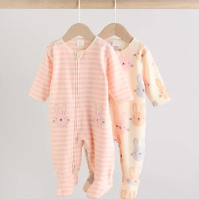 Pink 2 Pack Micro Fleece Two Way Zip Baby Sleepsuits