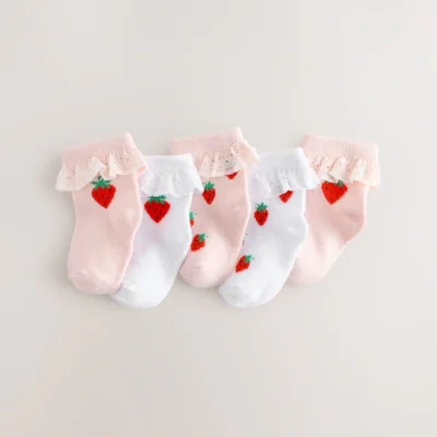 White/Pink Strawberry 5 Pack Strawbery Lace Baby Socks (0mths-2yrs) Immediate