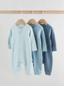 Blue Two Way Zip Footless Baby Sleepsuits 3 Pack (0-3yrs)