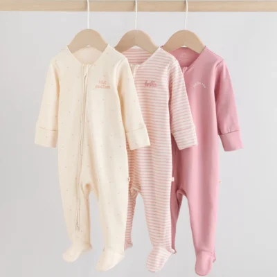 Pink Heart Two Way Zip Baby Sleepsuits 3 Pack (0-2yrs) Immediate