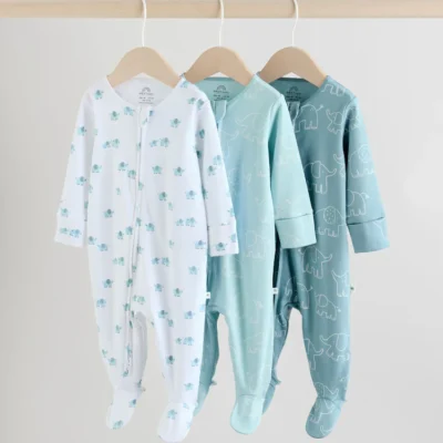 Blue Baby Linear Elephant Sleepsuits 3 Pack (0-2yrs) Immediate