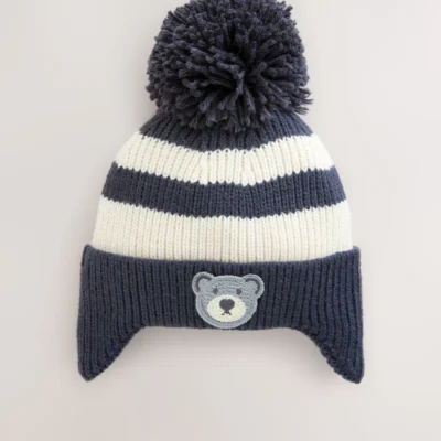 Navy Blue/White Bear Ear-Cover Pom Beanie Hat (3mths-10yrs) Immediate