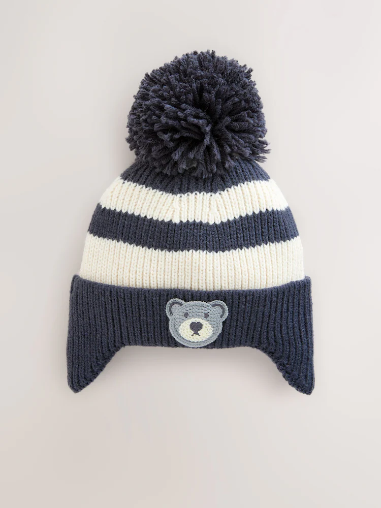 Navy Blue/White Bear Ear-Cover Pom Beanie Hat (3mths-10yrs) Immediate