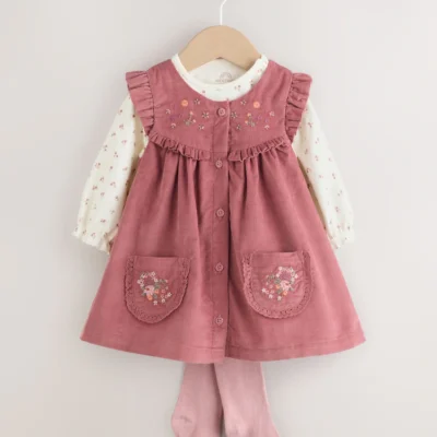 Pink Embroidered Baby Cord Pinafore Long Sleeve Bodysuit & Tights set. Immediate