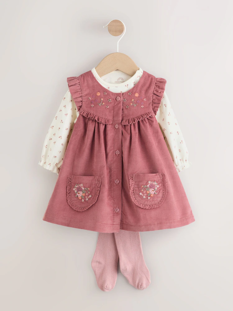 F81670s.jpg Pink Embroidered Baby Cord Pinafore Long Sleeve Bodysuit & Tights set. Immediate