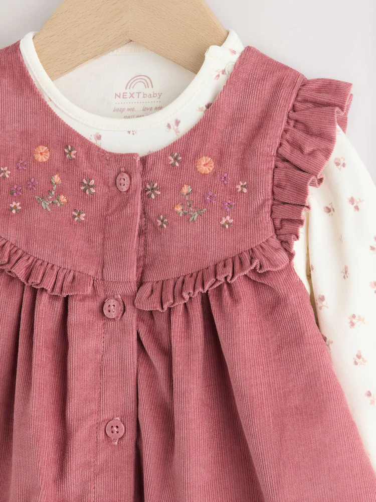 F81670s4.jpg Pink Embroidered Baby Cord Pinafore Long Sleeve Bodysuit & Tights set. Immediate - Image 4