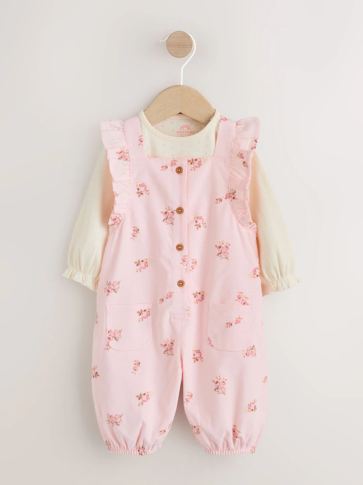 H69194s.jpg Light Pink Ditsy Baby Print Long Sleeve Bodysuit and cord Dungarees Set 2 Pieces Immediate