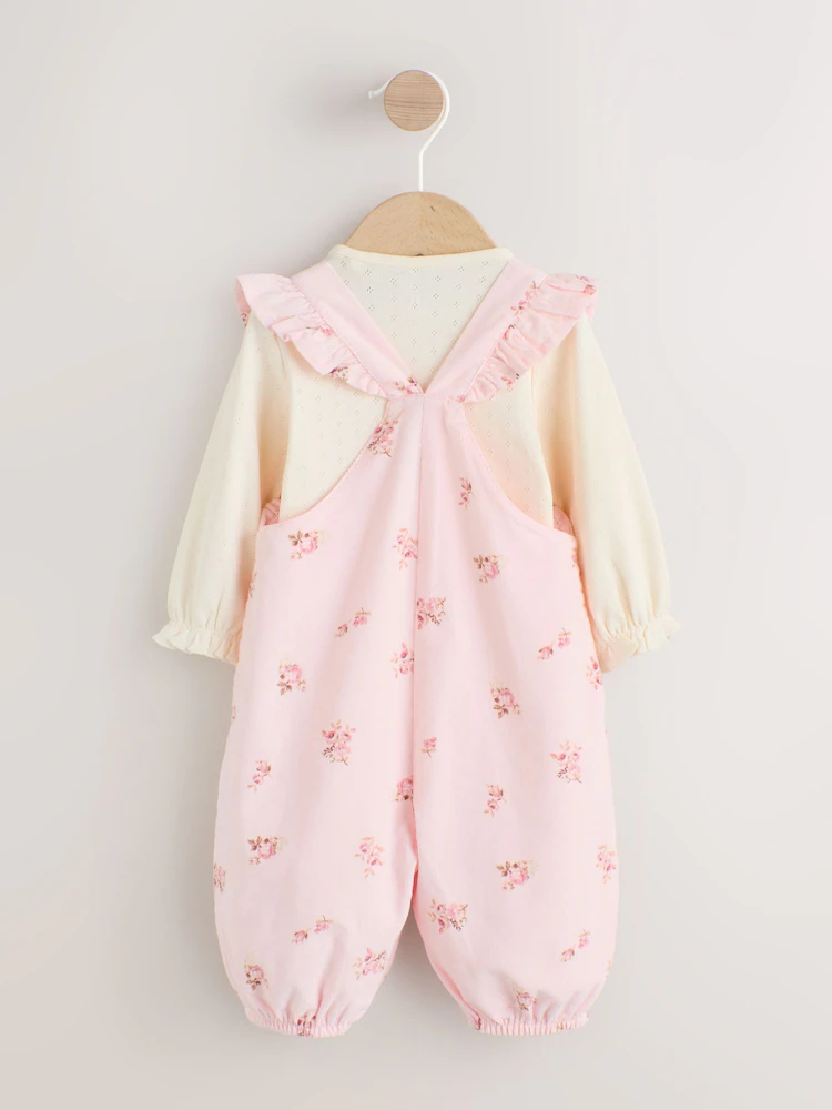 H69194s3.jpg Light Pink Ditsy Baby Print Long Sleeve Bodysuit and cord Dungarees Set 2 Pieces Immediate - Image 2