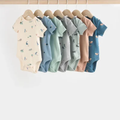 Teal Blue Baby 100% Cotton Bodysuits 7 Pack