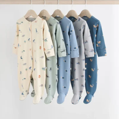 Teal Blue Patterned Baby Sleepsuits 5 Pack (0-2yrs)