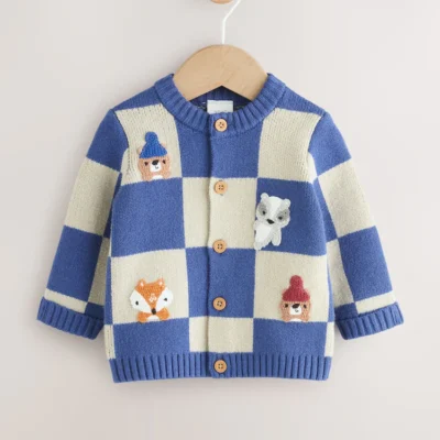 Blue Checkerboard Embroidered Character Baby Knitted Cardigan (0mths-2yrs)
