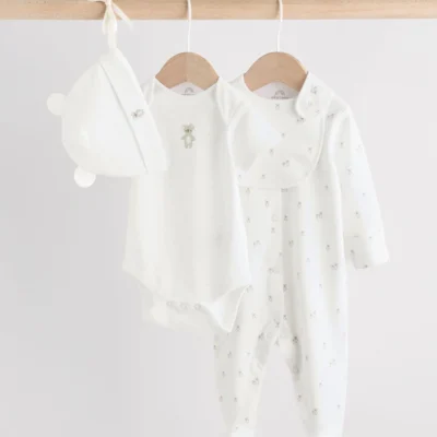 White Baby Sleepsuit, Bodysuit, Beanie and Bib Set 4 Piece (0-9mths)