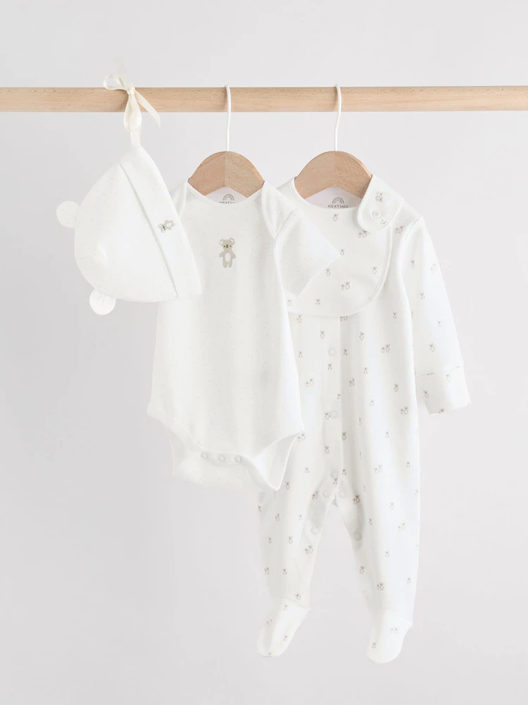 AW4744s.jpg White Baby Sleepsuit, Bodysuit, Beanie and Bib Set 4 Piece (0-9mths)