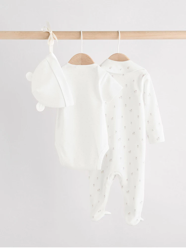 AW4744s4.jpg White Baby Sleepsuit, Bodysuit, Beanie and Bib Set 4 Piece (0-9mths) - Image 2