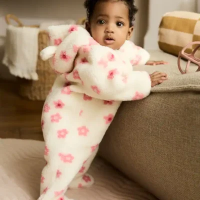 Ecru and Pink Floral Baby Borg Hooded Pramsuit (0mths-2y