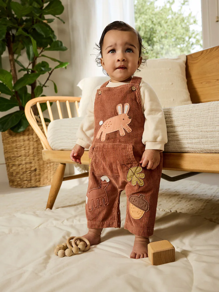 AY4420s.jpg Brown Woodland Cord Dungarees and Bodysuit Set