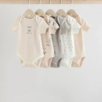 Grey Zebra Baby Short Sleeve Bodysuits 100% Cotton 5 Pack