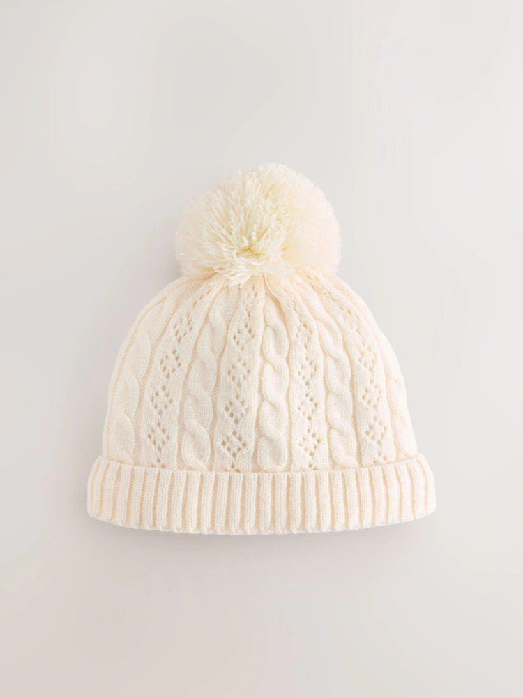 F12705s.jpg Ecru Pointelle Cable Knitted Pom Hat (0mths-2yrs)