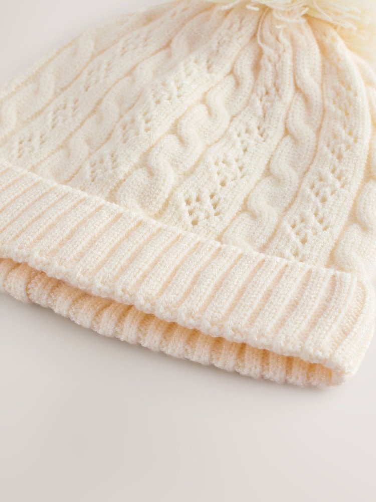 F12705s2 Ecru Pointelle Cable Knitted Pom Hat (0mths-2yrs) - Image 2