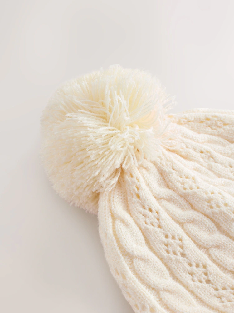 F12705s3.jpg Ecru Pointelle Cable Knitted Pom Hat (0mths-2yrs) - Image 3
