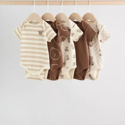 Chocolate Brown Baby Short Sleeve Bodysuits 5 Pack