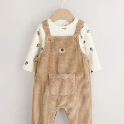 Tan Brown Bear Cord Dungarees and Bodysuit Set (0mths-2yrs)