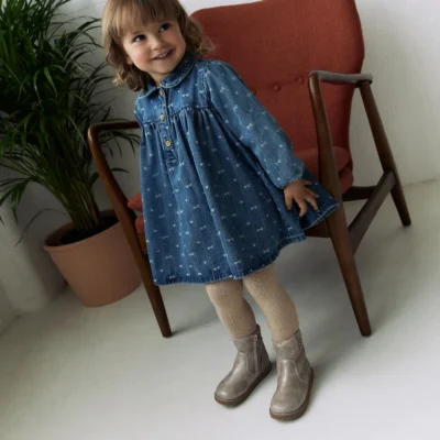 Denim Bow Long Sleeve Collar Dress (3mths-8yrs)
