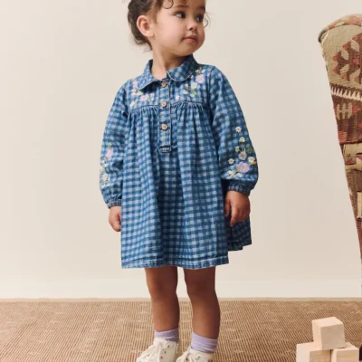 Denim Check Embroidered Long Sleeve Collar Dress (3mths-8yrs)