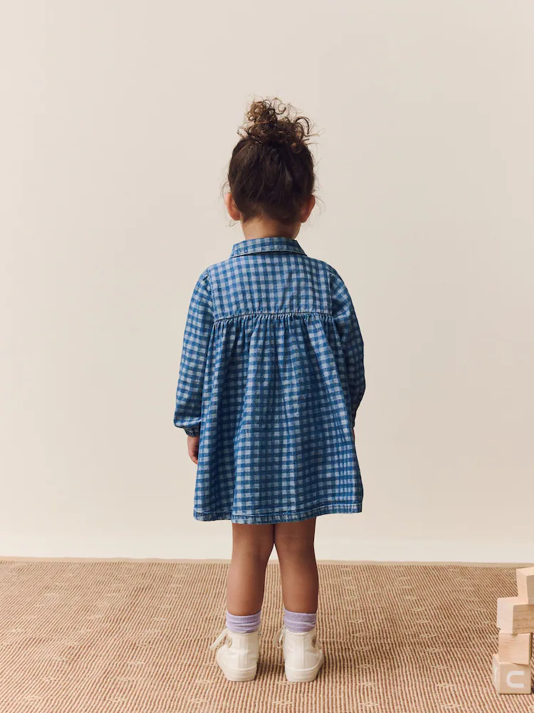 F22910s3.jpg Denim Check Embroidered Long Sleeve Collar Dress (3mths-8yrs) - Image 3
