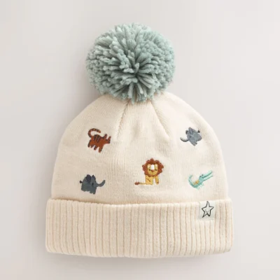 Neutral Safari Embroidered Pom Beanie Hat (3mths-10yrs)