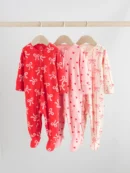 Red Bow Two Way Zip Sleepsuits 3 Pack (0-2yrs)