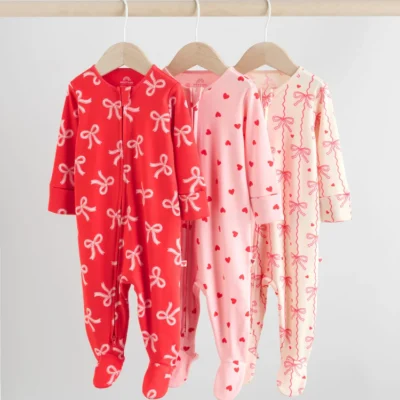 Red Bow Two Way Zip Sleepsuits 3 Pack (0-2yrs)