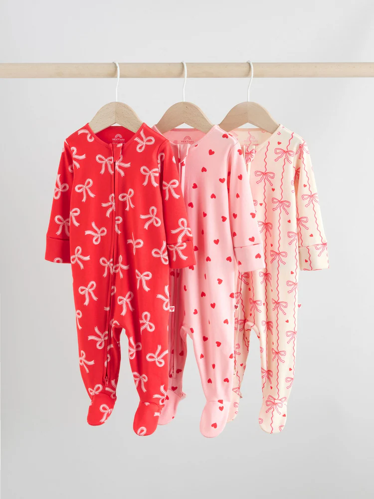F34044s.jpg Red Bow Two Way Zip Sleepsuits 3 Pack (0-2yrs)