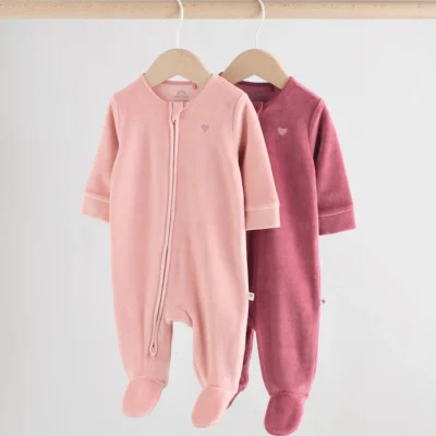 Pink Velour Baby Sleepsuits 2 Pack (0mths-2yrs)