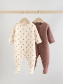 Brown Baby Quilted Bear Sleepsuits 2 Pack