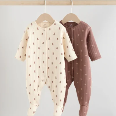Brown Baby Quilted Bear Sleepsuits 2 Pack