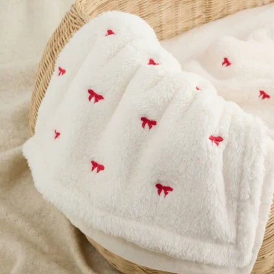 Ecru Red Bow Embroidered Baby Cosy Fleece Blanket
