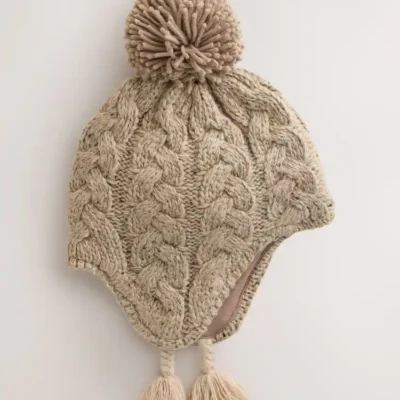 Neutral Cable Knit Inca Pom Hat (3mths-10yrs)