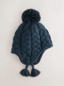 Navy Blue Cable Knit Inca Pom Hat (3mths-10yrs)