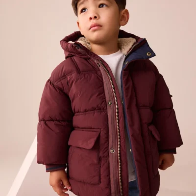 Burgundy Red Borg Lined Padded Shower Resistant Coat (3mths-7yrs)