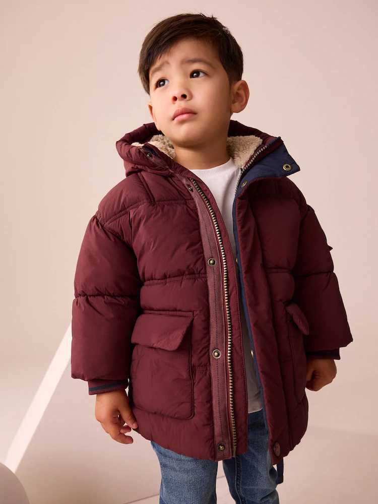 F56579s2.jpg Burgundy Red Borg Lined Padded Shower Resistant Coat (3mths-7yrs)
