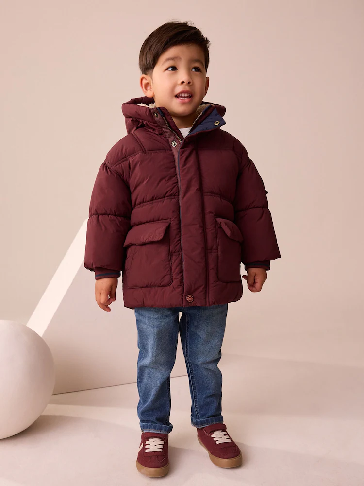 F56579s3.jpg Burgundy Red Borg Lined Padded Shower Resistant Coat (3mths-7yrs) - Image 2