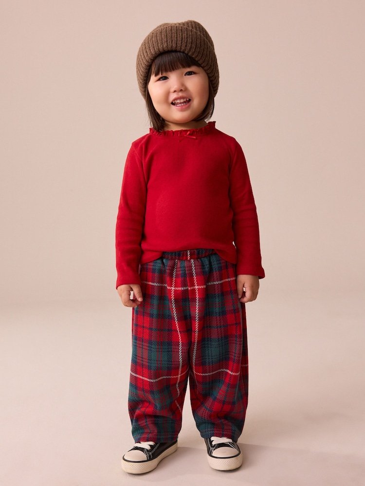 F81285s2 Red/Green Check Textured Barrel Leg Trousers (3mths-7yrs)