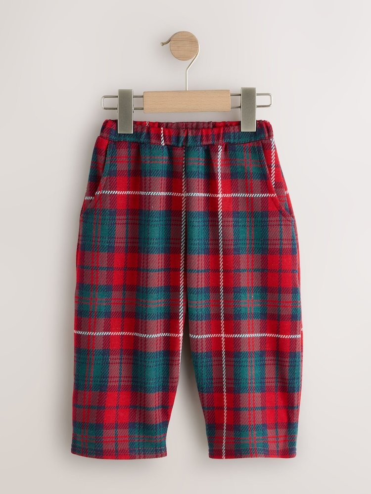 F81285s5 Red/Green Check Textured Barrel Leg Trousers (3mths-7yrs) - Image 5