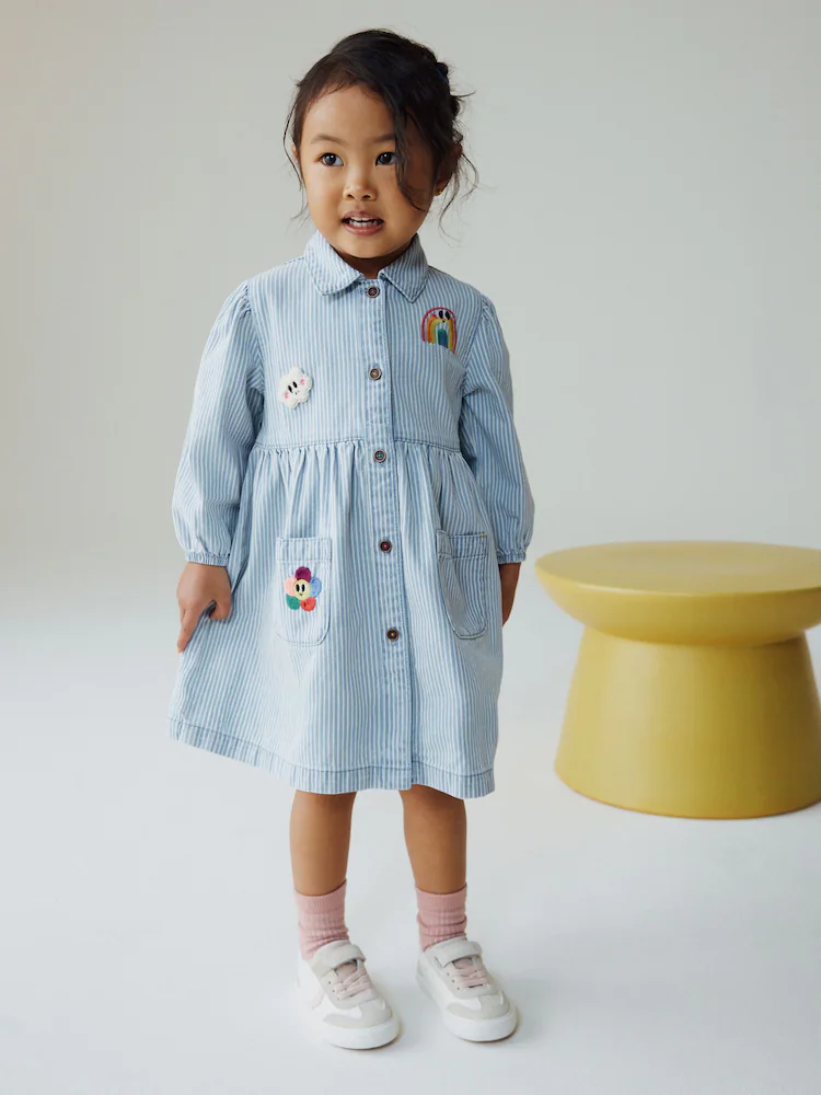 H45040s.jpg Blue Stripe Long Sleeve Cotton Dress (3mths-8yrs)