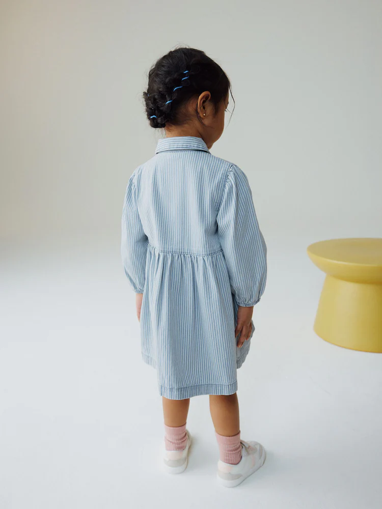 H45040s3.jpg Blue Stripe Long Sleeve Cotton Dress (3mths-8yrs) - Image 3