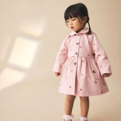 Pink Embroidery Shower Resistant Button Front Coat (3mths-7yrs)