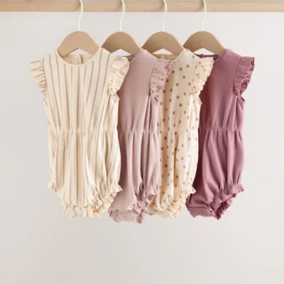 Pink Tonal Spot and Stripe Frill Shoulder Baby Rompers 4 Pack