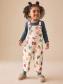 Ecru Heart Print Dungarees & T-Shirt Set (3M.-7Y.)